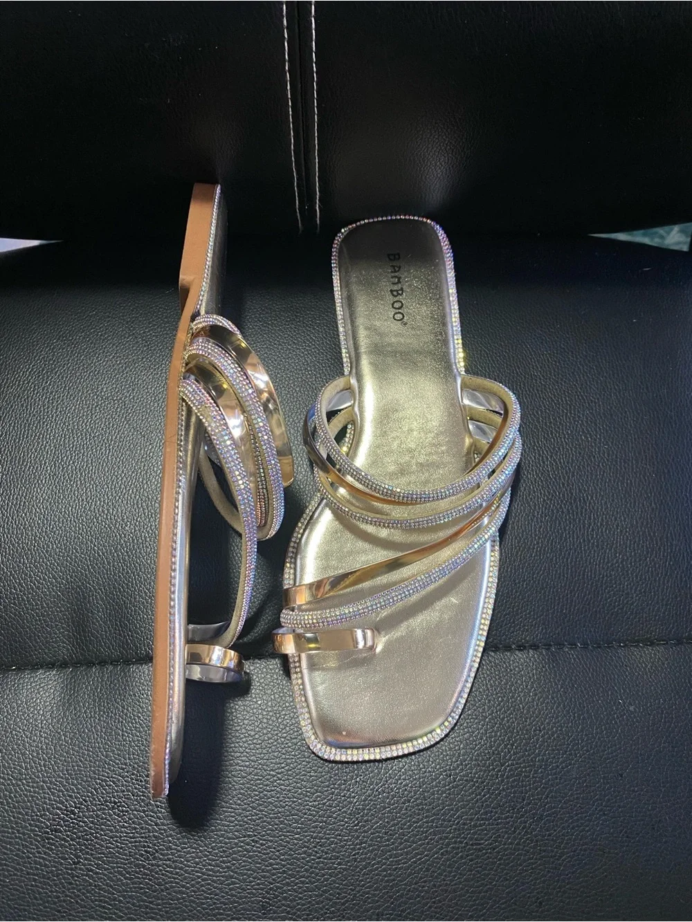 Bamboo Gold Metallic Strappy Slide Sandals with Rhinestones Size 9